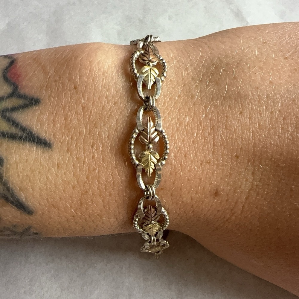 Black Hills Gold Sterling Silver Leaf Chain Bracelet Womens 7 In Hook Clasp